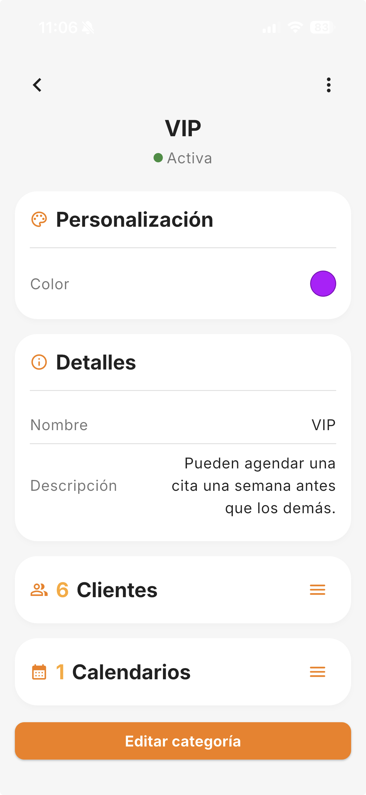 Vista de configuración de una categoría VIP en Bookniapp